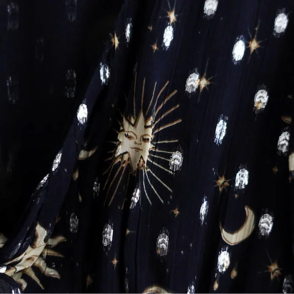 J. Crew Black and Gold Long Sleeve Celestial Moon and Stars Maxi Dress Small - Picture 9 of 10